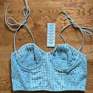 urban outfitters corset top green white gingham eyelet crop bustier tank tie bow